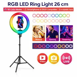 Astro Lighting Ring Light LED RGB 26 cm avec Trépied 2 m – 18 Modes Couleurs – Intensité Réglable – Support Smartphone &amp; Caméra pour Streaming, Maquillage et Création de Contenu