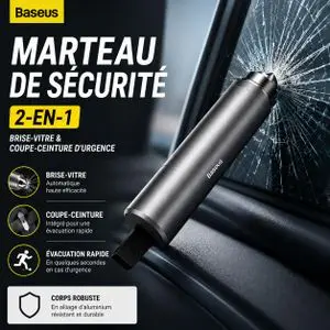 Baseus Marteau de Sécurité Voiture 2-en-1, Brise-Vitre d'Urgence, Coupe-Ceinture de Sécurité, Outil de Sauvetage Automobile