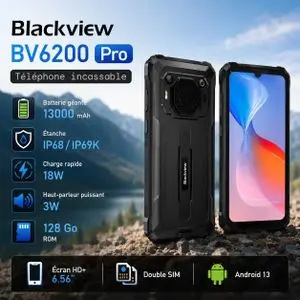 Blackview BV6200 Pro – Smartphone Robuste Antichoc 4G, Batterie 13000mAh, Android 13, Écran 6.56", 6Go RAM + 128Go, Haut-Parleur Ultra Puissant, IP68/IP69K &amp; NFC