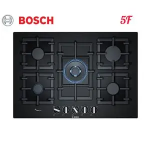 Bosch Table de cuisson 5F, 75cm, plaque à gaz encastrable en verre noir, grilles en fonte renforcée ,sécurité, PPQ7AB90
