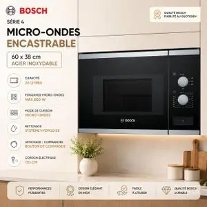 Bosch Micro-ondes 20L Encastrable Série 4 inox, 800W, nettoyage hydrolyse, BFL520MS0