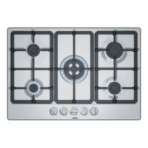 Bosch Table de cuisson plaque à gaz encastrable en acier inoxydable ,75cm ,5 feux dont un Wok ,grilles en fonte renforcée ,sécurité