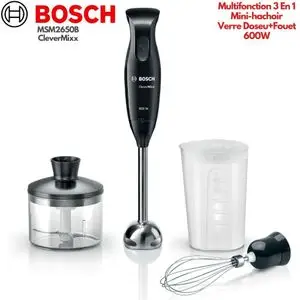 Bosch MSM2650B CleverMixx Mixeur Plongeant 3 En 1 Pied Inox, Mini-Hachoir, Fouet, Verre Doseur Gradué, 600W, Technologie QuattroBlade Anti-Éclaboussures, Performance Quotidienne Description Produit :