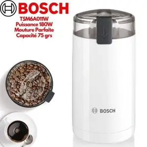Bosch TSM6A011W Moulin à Café Électrique – Lames Acier Inoxydable, Grande Capacité 75 g, Moteur Puissant 180 W, Sécurité à Pression, Design Compact Blanc Élégant