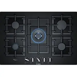 Bosch Table de cuisson plaque à gaz encastrable en verre noir ,75cm ,FlameSelect ,5 feux dont un Wok ,grilles en fonte renforcée ,sécurité