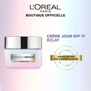 L'Oréal Paris Creme Jour Glycolic-Bright avec SPF17 a base d’acide glycolique pour une peau lisse, eclatante et uniforme – 50 ml