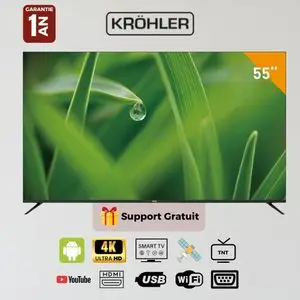 KRÖHLER Téléviseur Smart TV LED 55 Pouces Borderless - 4K UHD - Android avec Récepteur &amp; TNT Intégrés