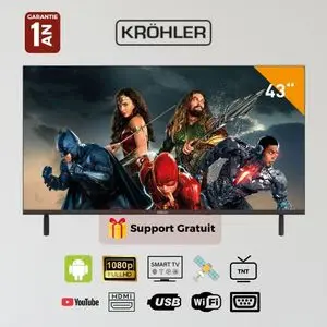 KRÖHLER Téléviseur Smart TV LED 43 Pouces - Gris Foncé - Full HD - Android avec Récepteur & TNT Intégrés
