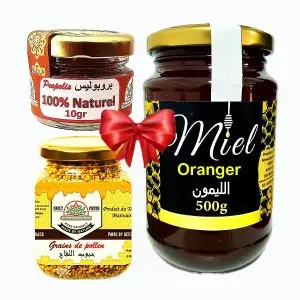 Palmarès des terroirs Marocains Miel d'oranger Migraine, anti-stress, cicatrisant, Ballonnement 100% pur naturel 500g + Grains de polen 100% Naturel (énergisant, Fertilité, superaliment, Grippe, rhum) 100g + Propolis énergie et nutrition 100% naturel