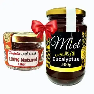 Palmarès des terroirs Marocains Miel eucalyptus 500g 100% naturel (grippe, toux, rhume) + Propolis énergie et nutrition 100% naturel 10g (défense naturel, renforce