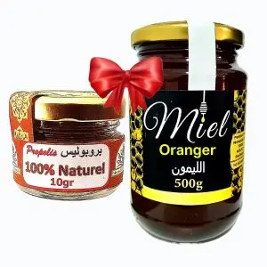 Palmarès des terroirs Marocains Miel d'oranger Migraine, anti-stress, cicatrisant, Ballonnement 100% pur naturel 500g + Propolis énergie et nutrition 100% naturel 10g