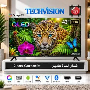 TECHVISION 43 QLED FHD Smart Android Tv Frameless WiFi Bluetooth et 3 HDMI, Google Assistant + Support Gratuit
