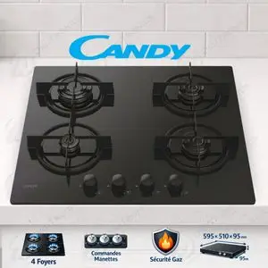 Candy Table de cuisson gaz 4 foyers sur verre trempé, Design élégant &amp; sécurité optimale, CVW6BB