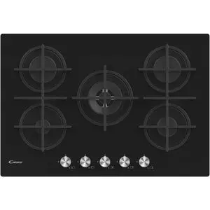 Candy table de cuisson plaque à gaz encastrable en verre noir grilles en fonte 5 feux sécurité intégré 75cm