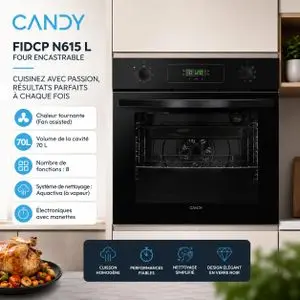 Candy Four encastrable électrique 70L Chaleur tournante, 8 fonctions Nettoyage Aquactiva, FIDCP N615 L