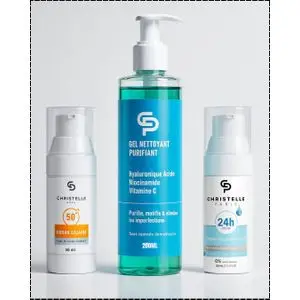CHRISTELLE PARIS Gel Nettoyant Hydratant 200ML, Crème antitaches Depigmentente 50ML et écran protection invisible 50ML