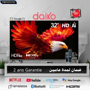 Daiko 32 HD Smart Google Tv HDR10 Frameless Dolby Audio, Contrôle Vocal, 2 ans garantie + Support gratuit