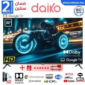 Daiko 32 HD Smart Google TV Frameless Bluetooth Dolby Audio HLG HDR, 2 ans garantie