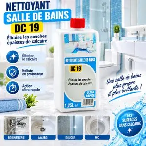 Rénovateur Sanitaire Anti Tartre  Flacon 1.25 Litres Nettoyage Profond Céramique Émail Pare Douche Vitrée Siphon Robinet Inox Traces Eau Saleté Incrustée