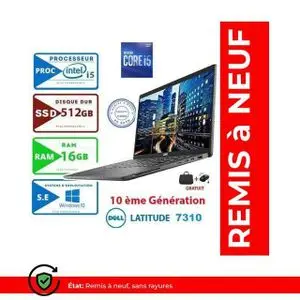 DELL Ultraportable Latitude E7310 - 13" - Intel Core i5 - 10ème Génération - 16GB RAM - 512GB SSD - Windows - Full HD - Cartable Gratuit - AZERTY - Remis à neuf