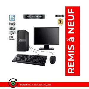 DELL Optiplex 3040 MT Ecran 23" Intel I7-6700 RAM 16Go SDD 256Go+HDD 500Go Remis a neuf