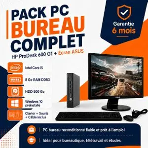 DELL PACK PC BUREAU PRODESK 600 G1-INTEL CORE I5-RAM 8 Go-HDD 250Go-avec Ecran 19" Asus -clavier ET souris - GARANTIE 6 MOIS-(Remis a Neuf)Remis a Neuf)