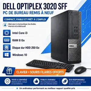 DELL PC Bureau  Optiplex 3020 SFF- Intel i3 -RAM 8Go -HDD 250Go-Remis à Neuf