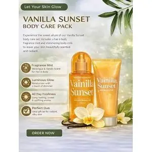 Deliplus Sunset Vanilla Coffret Corps – Brume Parfumée 250ml &amp; Lait Corporel Pailleté 100ml – Éclat Vanille Douce