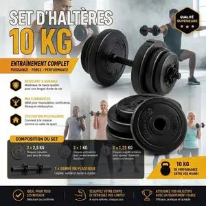 Dynamic Kit Haltères Musculation 10 KG Réglable – Set Complet pour Fitness, Renforcement Musculaire et Entraînement à Domicile