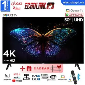 Echolink Smart TV 50"  LED 4K UHD - Google Tv - Wifi - Récepteur Intégré - UHD 2.5/5GHz Bluetooth + Support Mural