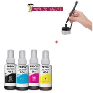 Epson Pack Bouteilles d'encre 664 Black + Bleu + Jaune+ Magenta - Original ( Stylo fixe table Offert )