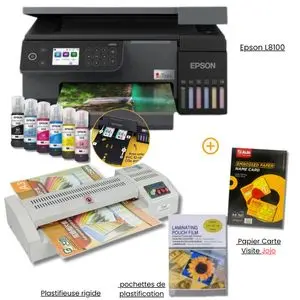 Epson Imprimante L8100 + Papier Carte Visite Jojo + Plastifieuse Rigide – WiFi, Impression HD, Pack Complet Pro