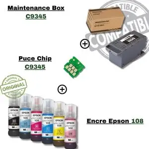 Epson Pack Encre Originale 108 + Maintenance Box C9345 Compatible avec Puce Chip – Impression Haute Qualité