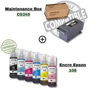 Epson Pack Encre Originale 108 + Maintenance Box C9345 Compatible – Qualité Photo &amp; Performance Durable