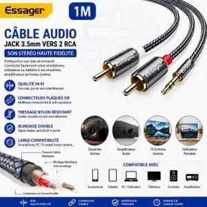 ESSAGER Câble audio stéréo Jack 3,5 mm vers 2 RCA mâles 1M, Câble en nylon tressé