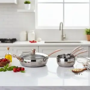 Italy Home Design Poêle Marmite 2 en 1 + Set de 3 Casseroles - Acier Inoxydable - Poignées en Cuivre - Tous Feux