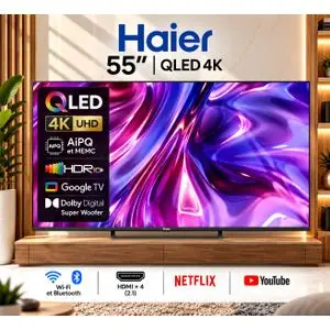 Haier 55 QLED 4K UHD Google TV HDR10+ 4 HDMI 2.1 Wi-Fi et Bluetooth + 2 ans garantie, H55S80GUX