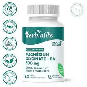 Herbialife Magnésium Glycinate 300 mg + B6 – Anti-Stress et Sommeil Réparateur – 60 Gélules