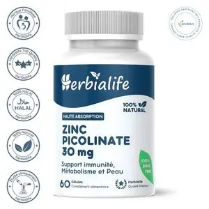 Herbialife Zinc Picolinate 30 mg – Immunité, Peau, Métabolisme – 60 Gélules