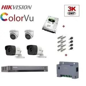 Hikvision Pack 4 Caméra de Surveillance 3K 6MP COLOR + DVR 4ch et Accessoires