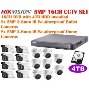 Hikvision Kit de cameras de surveillance 5MP 4K : 16CH DVR +4TB HDD + 16* 5MP IR WEATHERPROOF BULLET &amp; DOME CAMERAS Jour/Nuit