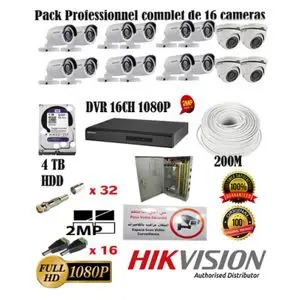 Hikvision Pack Professionnel complet de A à Z de 16 Camera de surveillance 2MP 1080P ,12 ETANCHE et 4 Dome