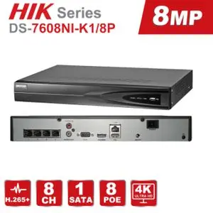 Hikvision NVR 8CH 4K PoE  DS-7608NI-K1/8P B - 8 Caméras IP Support 8MP 5MP 4MP 2MP