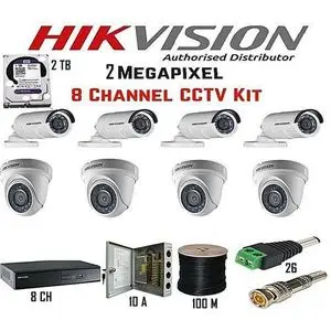Hikvision Kit surveillance complet DVR 8+4 caméras 2Mp d'extérieur HD +4  internes +Disque Dur 2000GB recyclée 100 metre cable