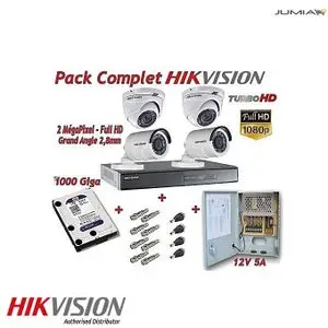 Hikvision Pack Complet Vidéo Surveillance DVR 4 HD +Disque dure 1 to+ 4 Caméras (2Bullets 2dômes) + Bloc d'alimentation + Connecteurs BNC &amp; DC