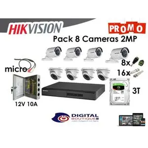 Hikvision Pack Professionnel  Complet Hikvision DVR 8ch + 4 Caméras Outdoor + 4 Camera Dome + Disque dur 3T + Micro + Alimentation 10A + Fiches 8 DC &amp; 16BNC