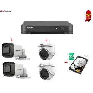 Hikvision Kit de surveillance DVR 4ports+4Camera externes interne 2Mpx HD+Disque Dur 500Gb Recicler installer