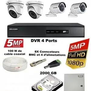 Hikvision Pack Caméras Complet 4 caméra de A à Z de 5MP Jour et Nuit complet
