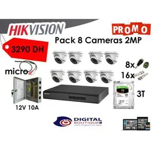 Hikvision Pack Professionnel  Complet  DVR 8ch + 8 Camera Dome + Disque dur 3T + Micro + Alimentation 10A + Fiches 8 DC &amp; 16BNC