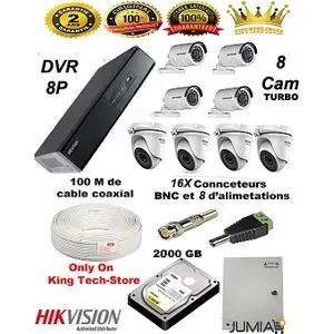 Hikvision Pack Complet de A à Z de Système de Surveillance : DVR 8 voies Turbo HD + 2000 GB + 8 Caméras + Bloc d'alimentation + 12 Connecteurs BNC &amp; DC